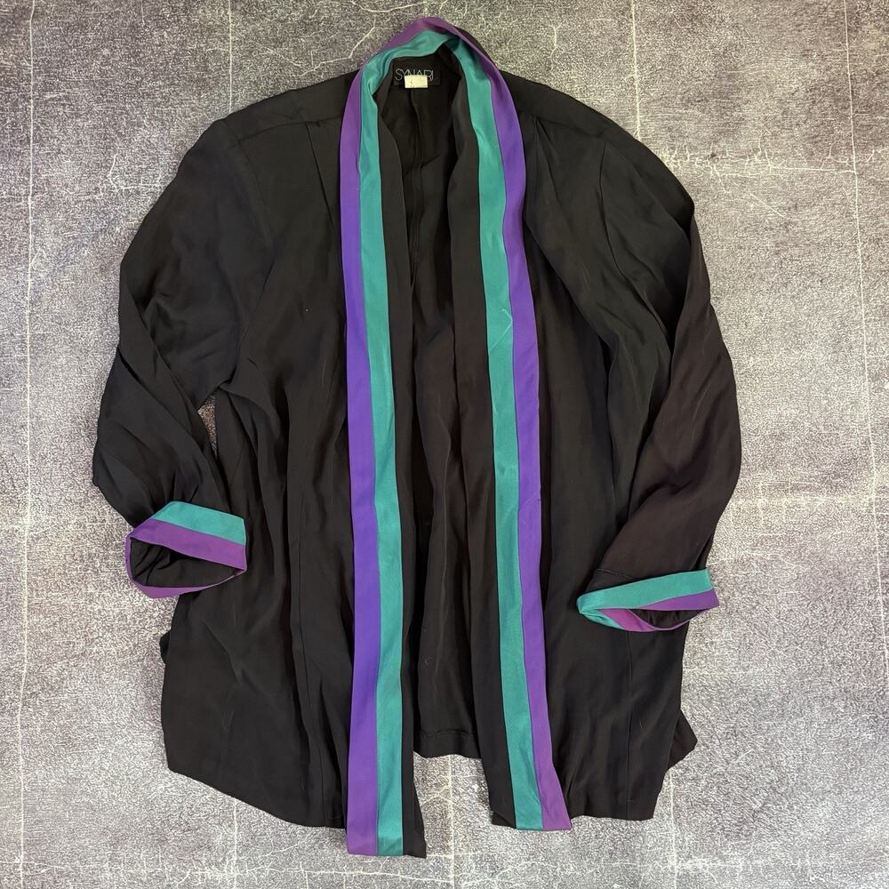 Women's Vintage 80s Synari USA Black Purple Green Kimono Open Duster Shirt Sz 16